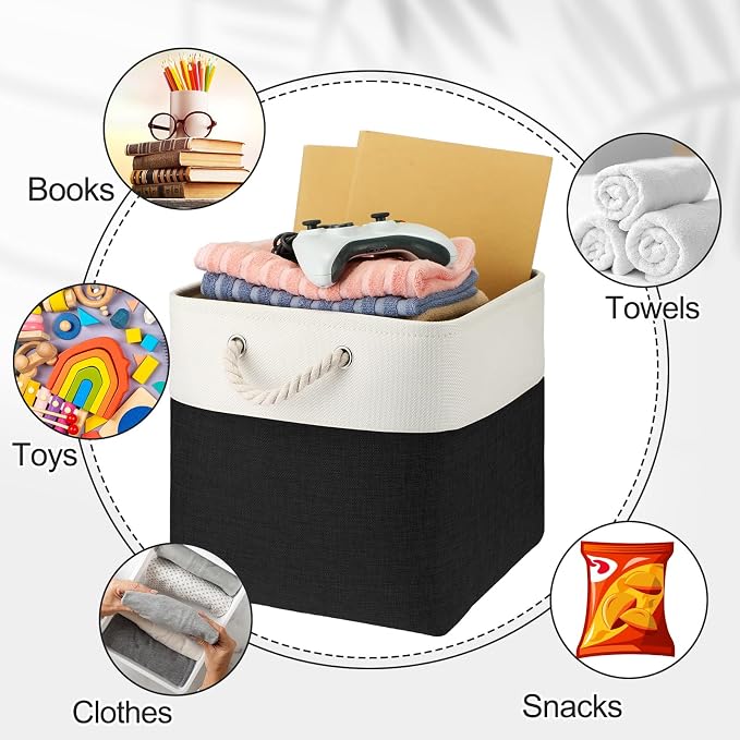 meekoo 8 Pack Collapsible Storage Bins Fabric Storage Bins Polyester Fabric Baskets with Handles Linen Closet Organizer for Shelf Home Closet Towels Toys(12 x 12 x 12 in,Black White) - Image 7