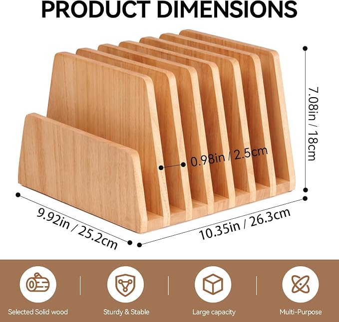 KIRIGEN Wooden File Organizer, 7-Slot Upright Holder for Desk Natural 7K-NA | Seven Upright Slots Sort Mail, File Folders, Papers, Bills, Envelopes, and Notebooks; 9.92 x 10.35 x 7.08 In, No Assembly - Image 6