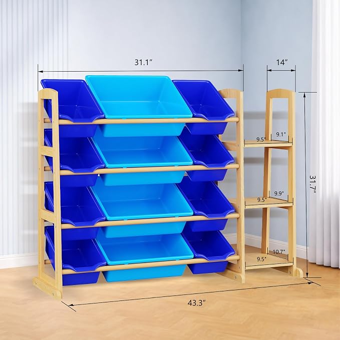 Kids Toy Storage Organizer with Bookshelf – Wooden Shelf with 12 Bins & 3 Shelves, Quick Assembly Storage Rack for Playroom, Bedroom, Nursery– Blue - Image 2