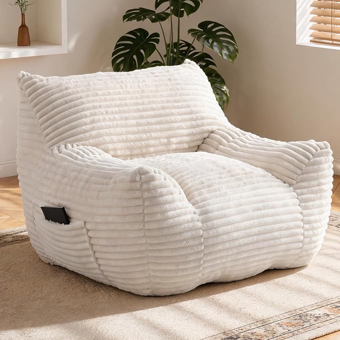 Bean Bag Chair for Adults & Kids, Giant Bean Bag Sofa with Side Pocket, Corduroy Beanbag Chair with Armrests, Comfy Stuffed Floor Sofa for Living Room Bedroom Dorm, White by Nivayor