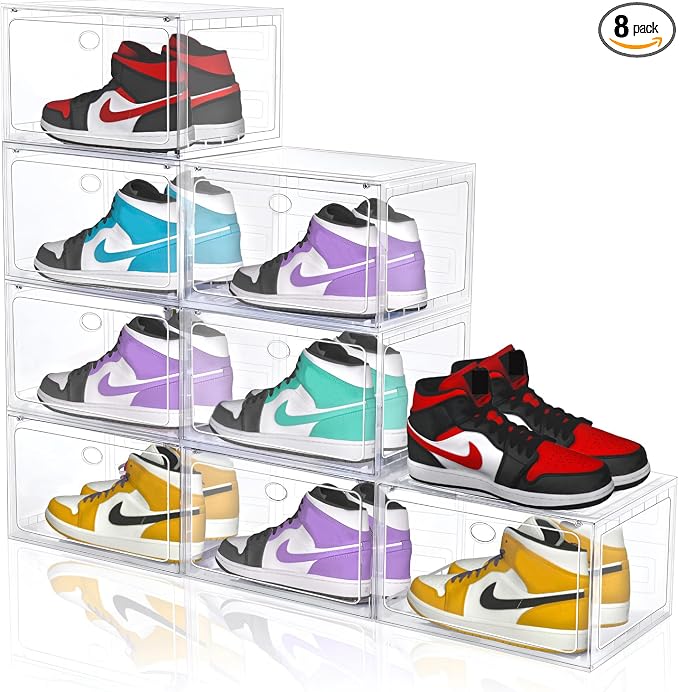 Large Clear Plastic Stackable Shoe Boxes 8-Pack, Drop Side Shoe Organizers | Clear Sneaker Storage Display Cases with Magnetic Door, Premium Shoe Container Fits up to US Size 13, for Closet Organization by YukuiLLc