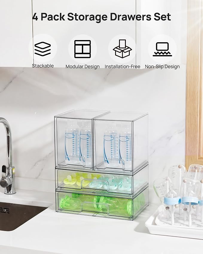 Vtopmart Clear Stackable Storage Drawers Set of 4, Baby Bottle Organizer | Plastic Organizer Bins for Makeup, Cosmetics, Beauty Supplies,Ideal for Vanity, Bathroom,Cabinet,Pantry Organization - Image 3