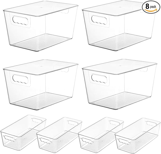 Vtopmart 8 Pack Clear Storage Bins with Lid Set for Pantry Organizer | 4 Large and 4 Small Plastic Pantry Storage Bins with Handle, Storage Containers for Pantry, Kitchen, Fridge, Cabinet by Vtopmart