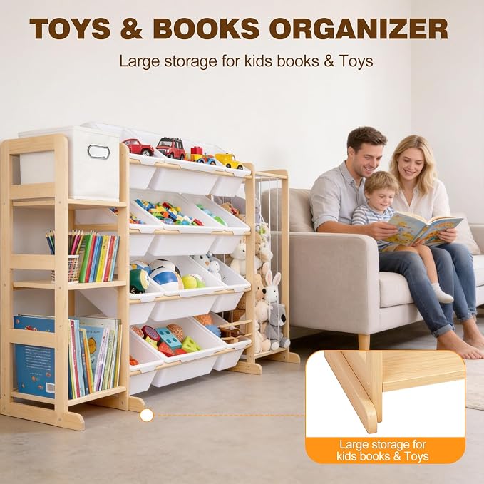Kids Toy Storage Organizer with Bookshelf & Stuffed Animal Storage,12 Toy Bins +1 Free Storage Box,Playroom Nursery Organization Plush Toy Storage - Image 7