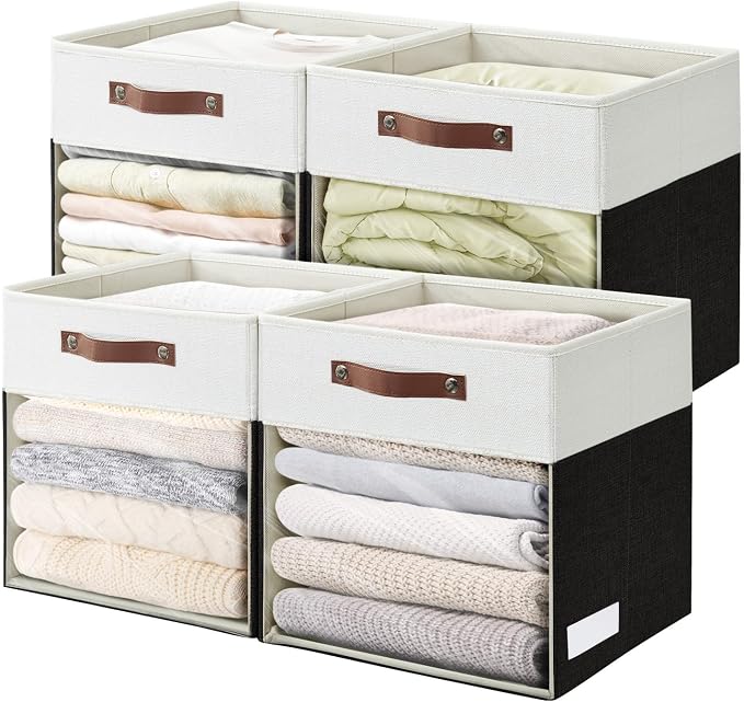 Storage Cubes, 4 Pack Linen Foldable Storage Bins (13 x 13 inch) with Clear Window and Handles, Fabric Organizer for Shelf Closet, Clothes, Books - (Black and White) by Bagnizer