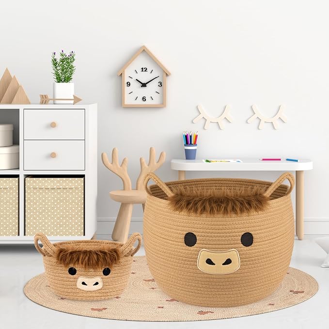 Highland Cute Cow Basket Set for Nursery, Woven Storage Cotton Rope Basket, Baby Blanket 0rganizer with Ears Handles, Blanket Towel Decor Toy Clothes Gifts Storage Cat Dog Bin, Pack of 2 - Image 7