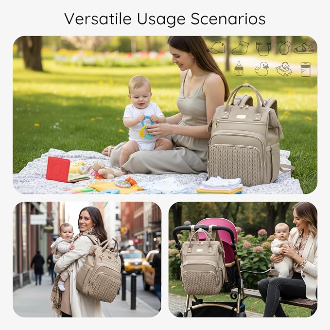 AIJIEKE Large Diaper Bag Backpack, Extra Wide Travel Diaper Bag, Khaki | Multi-functional waterproof maternity bag. Changing pad, stroller straps, insulated wet/dry pocket. Mom, dad, toddler travel - Image 3