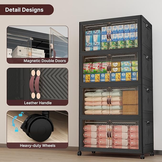 Stackable Storage Bins with Lids, 960QT Lockable Storage Cabinet | Folding Storage Box with Doors and Wheels, Collapsible Plastic Drawers for Home, Garage, Office - Image 4