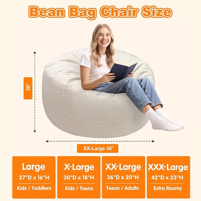 Lukeight Bean Bag Chair for Teens and Adults, Memory Foam Filled Floor Lounger, Washable Velvet Cover with Inner Liner, Beanbag Chair with Filling for Gaming and Reading, Beige, XX-Large 36"D x 20"H - Image 2