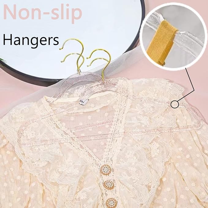 Pink Clothes Hangers 16", 40 Pack Plastic Clear Coat Hanger for Adult Closet, Durable Bling Ganchos de Ropa with Swivel Hook, Notched Shoulders & Ultra-Thin Space Saving Laundry Hanger for Dress Suits - Image 6