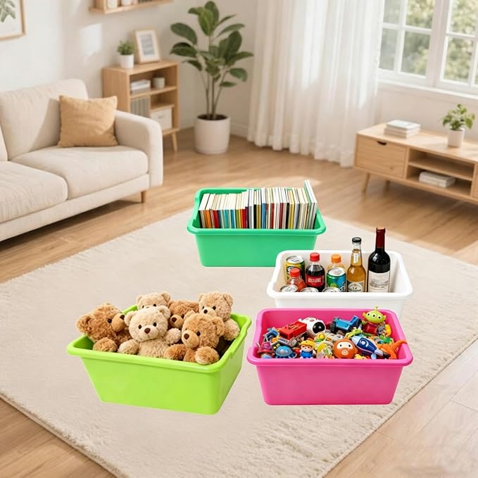 4 Pack Plastic Cubby Bins, Stackable Storage Bins with Adhesive Label Toy Book Organizer Baskets for Classroom, Library, Playroom, Home & Office Organization (Four colors) - Image 4