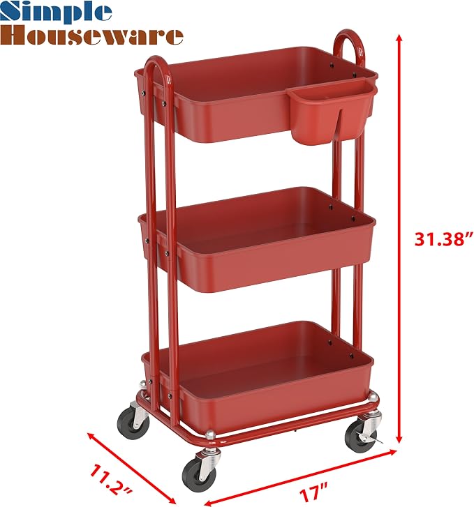 Simple Houseware 3-Tier Rolling Utility Cart with Hanging Bucket, Red | Storage for Bathroom, Kitchen, Office, Study Room, Nursery Diaper - Image 2
