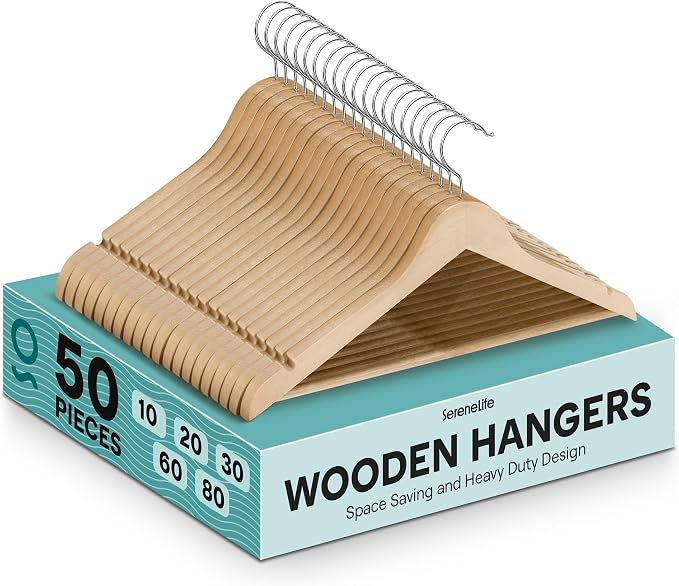 SereneLife Solid Wooden Hangers, Mega Pack, 50 Pieces Hangers for Clothes, Heavy Duty Suit Hanger Set with Chrome 360 Degree Swivel Hook, Notched Design, Natural Wood Color by SereneLife