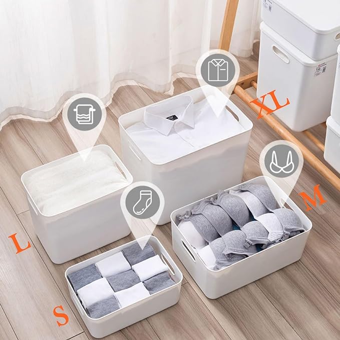 4 pack large plastic White storage bins with Lids, Toy Box Chest with Handle，Organizer Containers Baskets for Baby,Nursery，Shelves，Playroom, Bedroom，Office,Closet，home (White, 4M) - Image 6