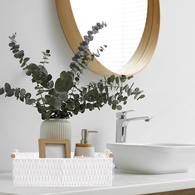 Boao 3 Pcs Boho Storage Wicker Baskets Handmade Woven Decorative Paper Rope Baskets for Organizing with Handle Countertop Toilet Paper Storage Container for Toilet Tank Top(White,Rectangle) - Image 5