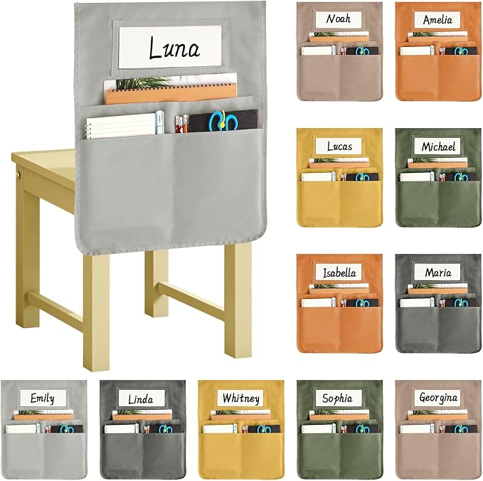 gisgfim 12 Pcs Chair Pockets for Classroom 16.7 x 19.3 Inch s with Name Tag Chairback 3 Pockets Chairs Seat Back Organizer for Elementary School Daycare Home Supply (Earth Color) by gisgfim