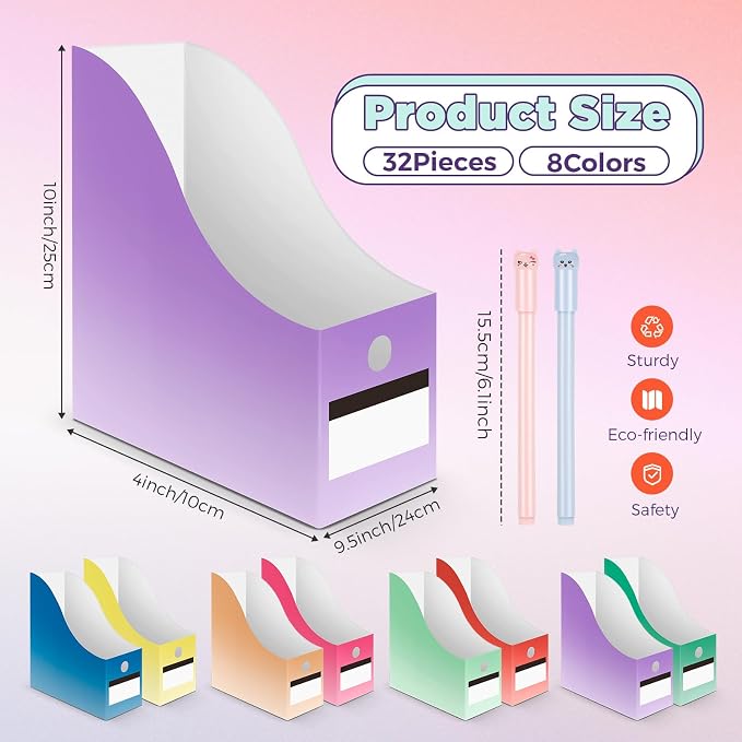32 Pcs Magazine File Holder Set Including Colored Foldable Desk File Holder Organizer White Label Stickers Cat Pen Cardboard Magazine Storage Box for Document School Office (Gradient,Classic) - Image 2