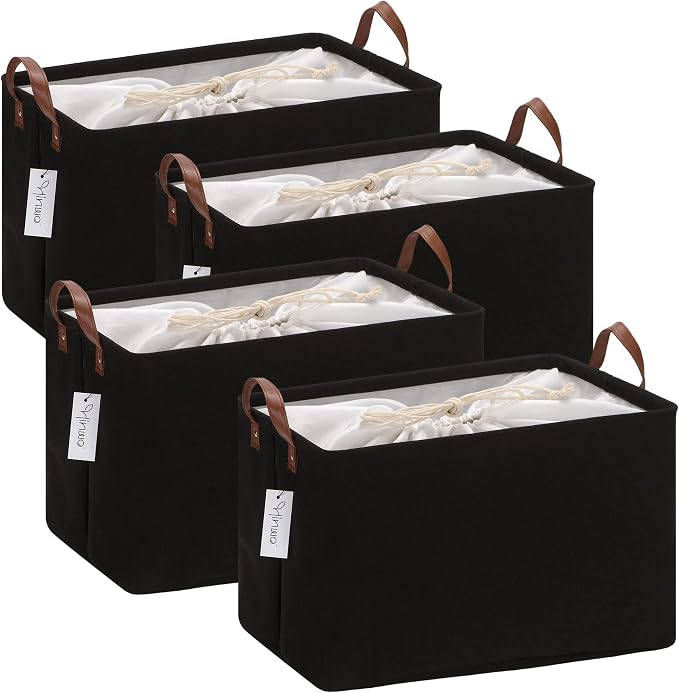 Hinwo 31L Large Canvas Storage Bin with Lid and Handles, 4-Pack | Collapsible Fabric Baskets, Closet Shelf Organizers, Containers for Clothing, Blankets, Toys, Bedding (Black) by Hinwo