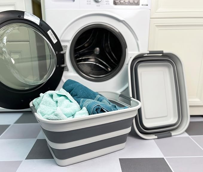 SMMART Collapsible Plastic Laundry Basket with Handle/Foldable Pop Up Storage Hamper/Portable Laundry Organizer-Space Saving Washing Tub/Household Storage Supplies (Grey/Steel Grey, 27L (Set of 2)) - Image 3