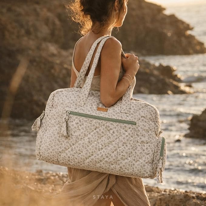 Staya Hospital Bag for Labor & Delivery - Quilted Weekender Bag for Women | Soft cotton quilted duffle, carry-on size, overnight & weekender bag, roomy with pockets, shoulder strap included - Image 5
