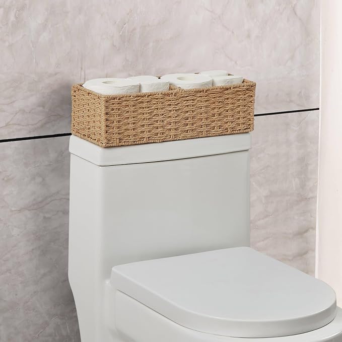 Set of 2 Wicker Storage Basket for for Shelves, Baskets for Organizing, Toilet Paper Basket for Toilet Tank Top, 2-Section, Natural - Image 3