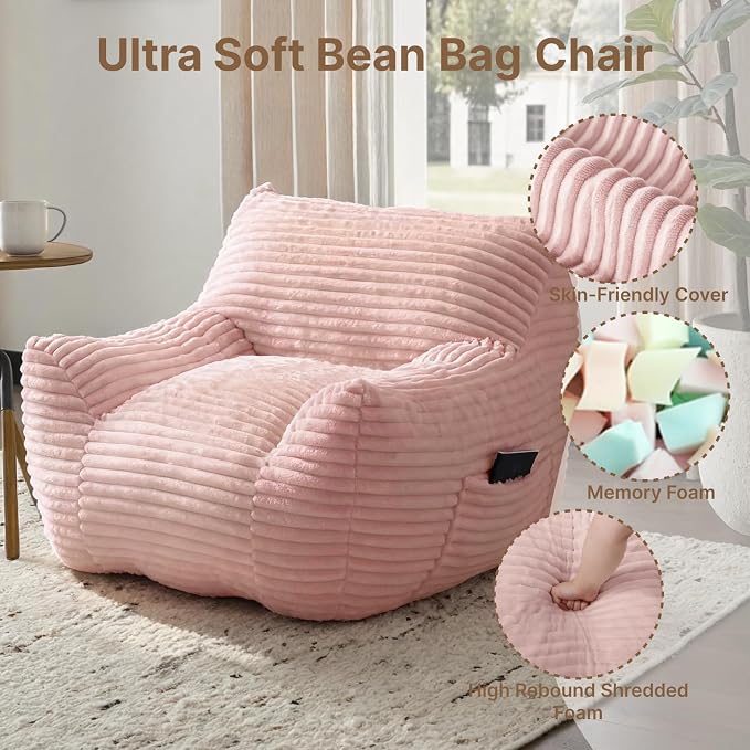 Bean Bag Chair for Adults & Kids, Giant Bean Bag Sofa with Side Pocket, Corduroy Beanbag Chair with Armrests, Comfy Stuffed Floor Sofa for Living Room Bedroom Dorm, Pink - Image 4