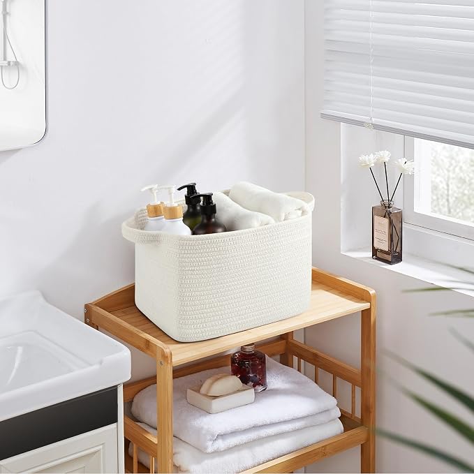 OIASKET Storage Baskets for Organizing, Woven Baskets for Shelves, Rectangle Decorative Organizer for Storage Clothes, Toy, Books, Towels Nursery Bins 3 Pack (White, 13"x9.85"x8.7") - Image 6