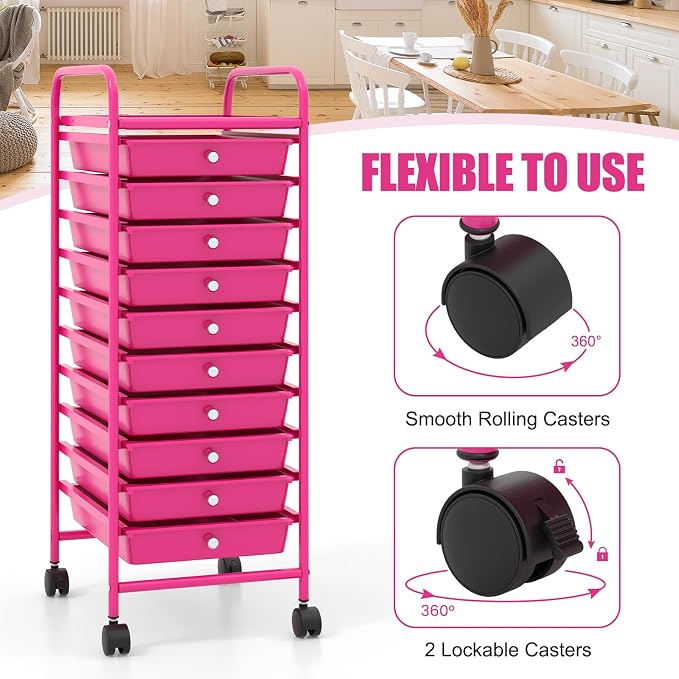 GOFLAME 10-Drawer Rolling Storage Drawer Cart, Utility Cart with Removable Drawers & Metal Frame, Mobile Art Craft Drawer Cart with Lockable Wheels for Home, Office, Studio, School, Hot Pink - Image 6