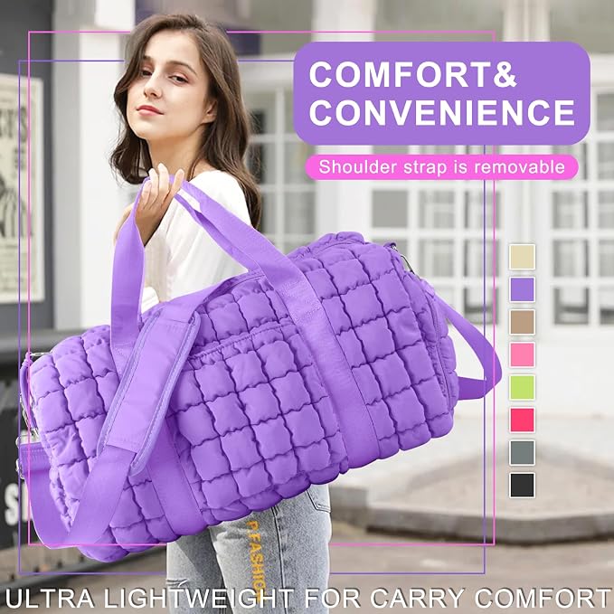 Quilted Travel Duffle Bag Gym Bag for Women,Large Puffer Duffle Weekender Bag with Compartment,Workout Overnight Carry on Organizer Bag Duffle Bag for Airplane Travel(L-Purple) - Image 7