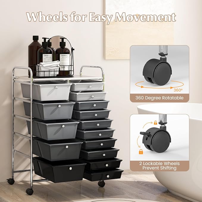 RELAX4LIFE 15-Drawer Storage Drawer Cart - Mobile Rolling Utility Cart with Wheels, Steel Frame, Craft Organizer for Classroom Organization and Storage, School, Office, Home, Gradient Black - Image 7