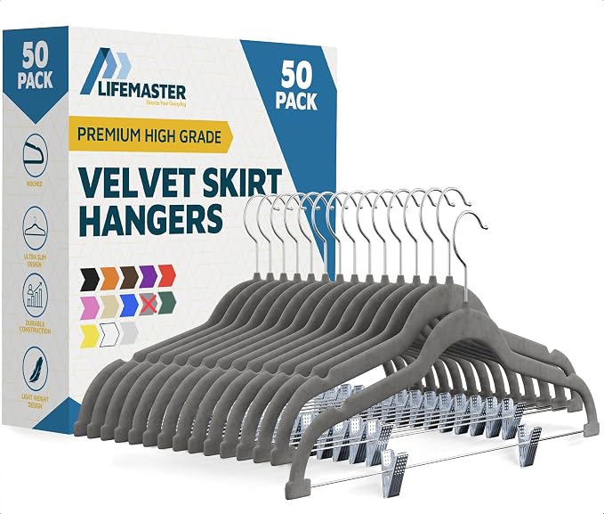 Lifemaster Velvet Skirt Hangers – with Adjustable Clips, 360 Degree Swivel Hook, and Non-Slip Shoulder Notch, Holds Up to 10 lbs, for Organizing Skirt, Pants, Dress, and Clothes, Pack of 50, Gray by LIFEMASTER