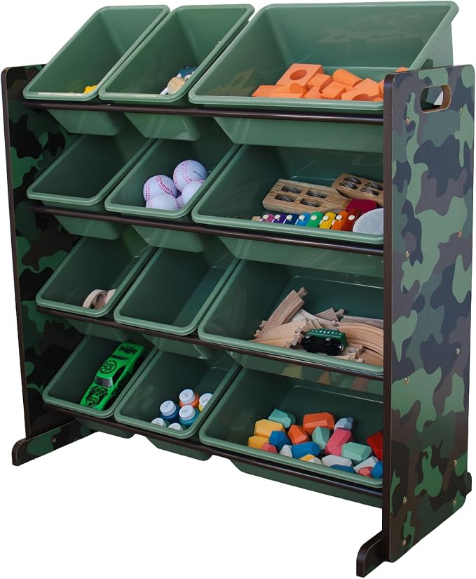 Humble Crew Kids Toy Organizer with 12 Bins, 4 Tier Storage for Playroom | Sturdy wood and steel toddler shelf, removable BPA-free containers, wall anchor anti-tip safety kit for bedroom or classroom by HumbleCrew
