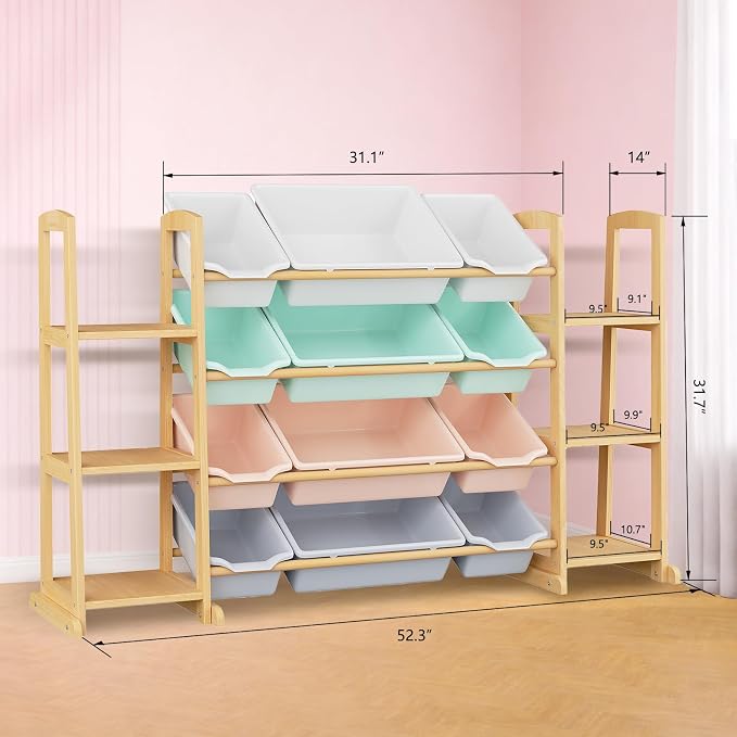 Kids Toy Storage Organizer with Bookshelf – Wooden Shelf with 12 Bins & 6 Shelves, Quick Assembly Storage Rack for Playroom, Bedroom, Nursery – Colorful - Image 2