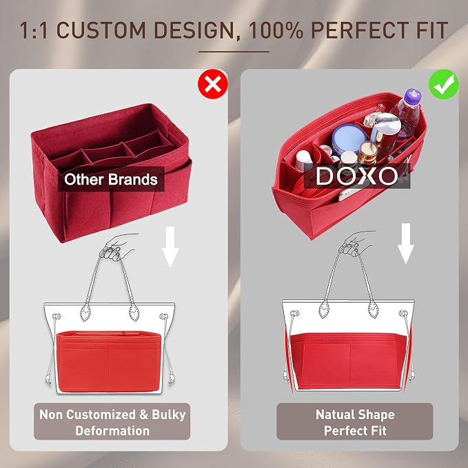 Purse Organizer Insert for Handbags & Base Shaper 2pc Set, Felt Neverfull PM Organizer Insert, Tote Bag Organizer with Zipper Pocket and Bottle Holder, Fit Neverfull PM and More, Red-M - Image 5