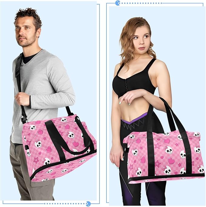 Travel Duffel Tote Bag Pink Skull Girl Sports Duffel Bag with Wet Pocket Weekender Overnight Bag for Women Men Gym Bag, Carry On Bag Hospital Bag for Labor and Delivery - Image 5