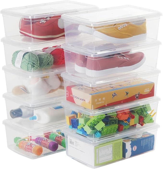 Stackable Plastic Storage Shoebox, BPA-Free Nestable Container with Latching Lid to Organize Shoes, See-Through Box for Home and Office, Multi-Purpose Storage Case, Clear Bins (10 Pack 6 Quart) by OMNISAFE