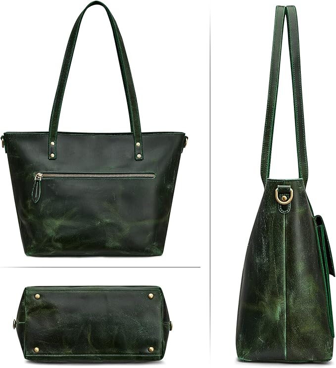 S-ZONE Women Vintage Genuine Leather Tote Bag Large Shoulder Purse Work | 14" Padded Laptop Compartment, Detachable Long Strap, Luggage Strap, Multi Pockets, Travel Everyday - Image 6