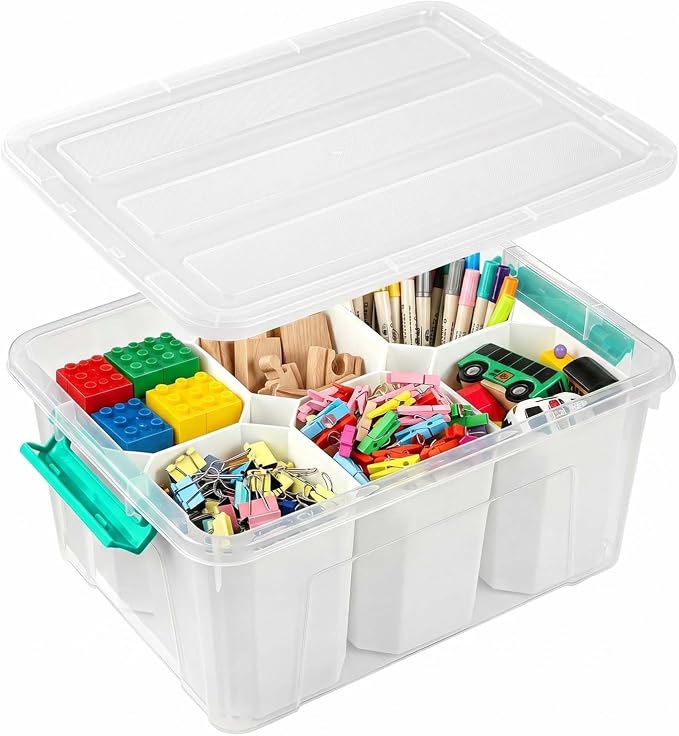 NUMIFUN 17QT Clear Storage Bins with Lids & Dividers for Crafts | Stackable 17-quart transparent box featuring 6 tall removable inserts. Perfect for organizing crafts, tools, toys & crayons by NUMIFUN