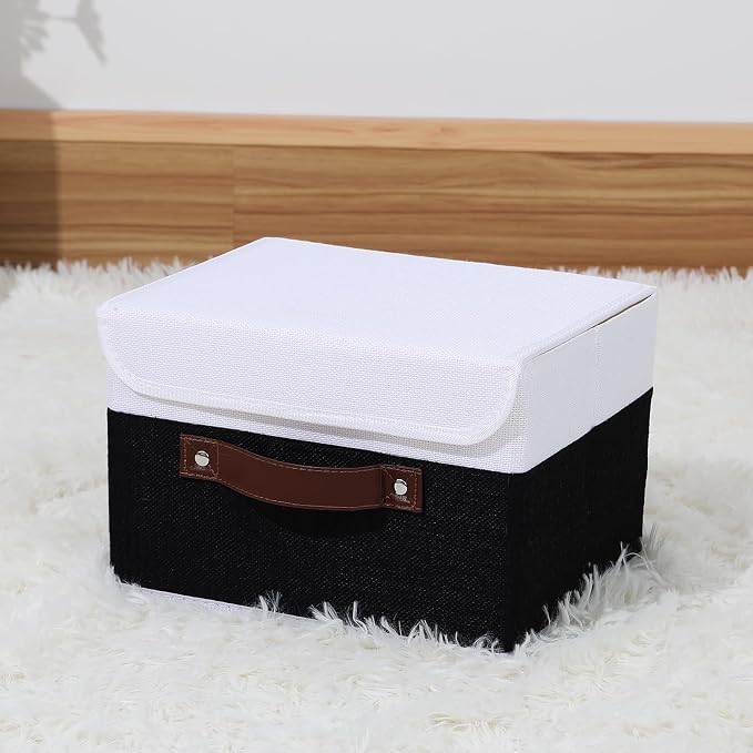 ANMINY Fabric Storage Box Bins with Lids, Black White, 10"x8"x7" | Keepsake Memory Storage, Cotton Linen, PP Board Reinforced, Washable, PU Handles, Foldable & Stackable, Decorative, Small - Image 6