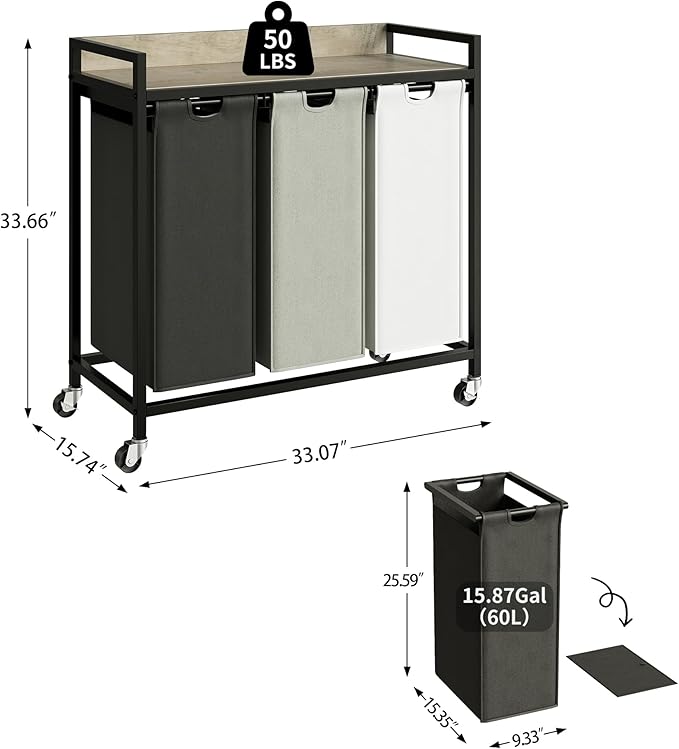 Herture Laundry Hampers with Shelf, Laundry Basket 3 Section, 3 x 15.87 Gal | Laundry Sorter with Pull-Out Removable Large 3 Color Bags and Movable Wheels, Metal Frame, Greige PF04XLZ - Image 4
