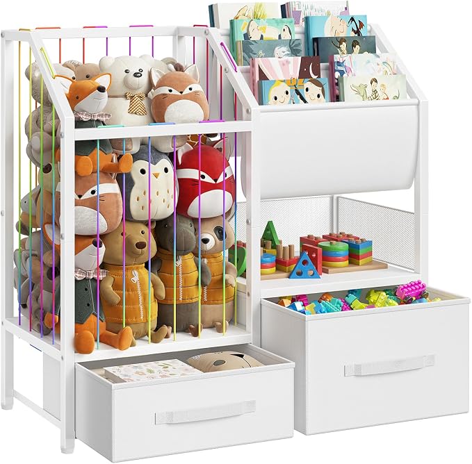 HOOBRO Kids Bookshelf and Toy Storage Organizer, Stuffed Animal Storage with Sling Bookshelf and Non-Woven Fabric Drawers, Children Bookcase for Nursery, Playroom, Kids Room, White WT37CW01 by HOOBRO