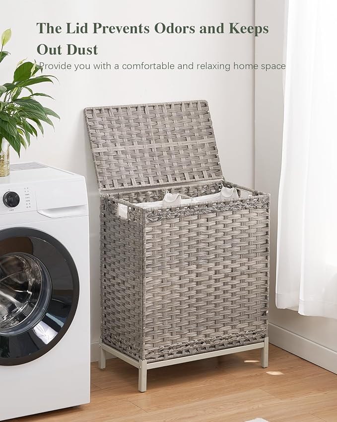 SETVSON Laundry Hamper with Lid, 112 L Handwoven PE Rattan Wicker, Gray | 2-Section Large Basket, 2 Removable Liner Bags, Heightened Metal Feet, 6 Mesh Laundry Bags, Foldable Side Handles - Image 7