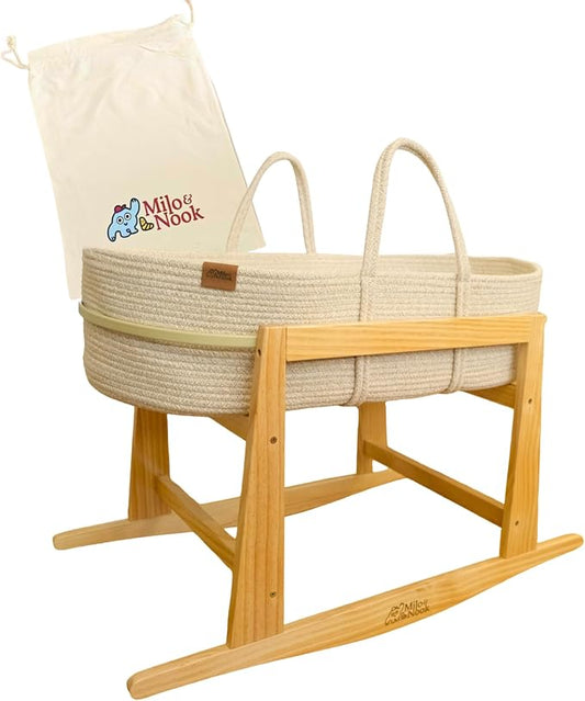 Milo & Nook Baby Changing Basket with Pad & Moses Basket Stand – Soft Cotton Nursery Basket, Waterproof Pad & Removable Washable Cover, Complete Changing Station for Newborn by MiloNook