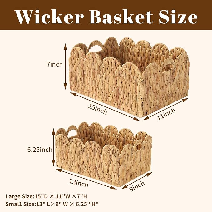 Wicker Storage Baskets with Handles, Woven Organizer, 2-Pack | 2-pack natural wicker baskets with handles in large and small sizes; woven organizers for home, kitchen and nursery storage. - Image 2