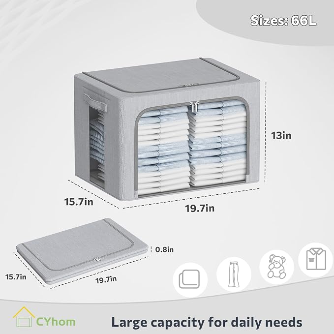 CYhom Clothes Storage Bins Box - Foldable Stackable Container Organizer Set with Clear Window & Carry Handles & Metal Frame - 2Pack Large Capacity for Bedding, Blankets, Books - Image 4