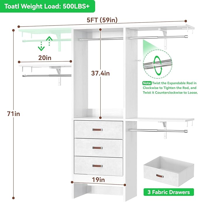 5FT Small Closet System with 3 Fabric Drawers, 60 Inches Walk In Closet Organizer System With 3 Adjustable Shelves, Heavy Duty Clothes Rack Built-In Garment Rack, 59" L x 16" W x 71" H, White - Image 7