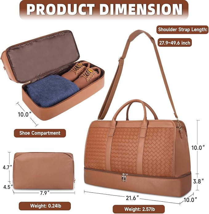 Travel Duffle Bag for Men Women, PU Leather Duffel Bag for Traveling, Large Carry on Weekender Overnight Bag with Shoe Compartment, Perfect for Travel/Daily Use - Image 3