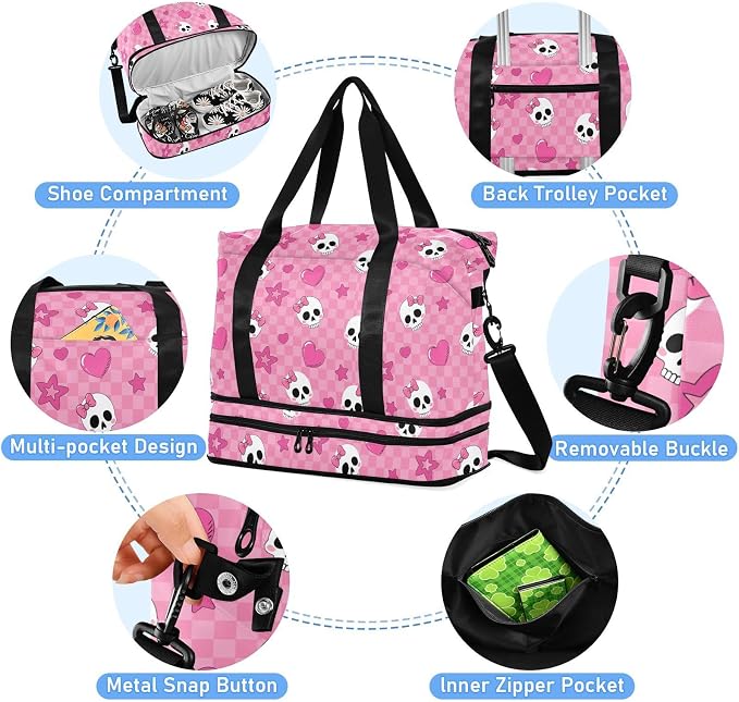 Travel Duffel Tote Bag Pink Skull Girl Sports Duffel Bag with Wet Pocket Weekender Overnight Bag for Women Men Gym Bag, Carry On Bag Hospital Bag for Labor and Delivery - Image 4