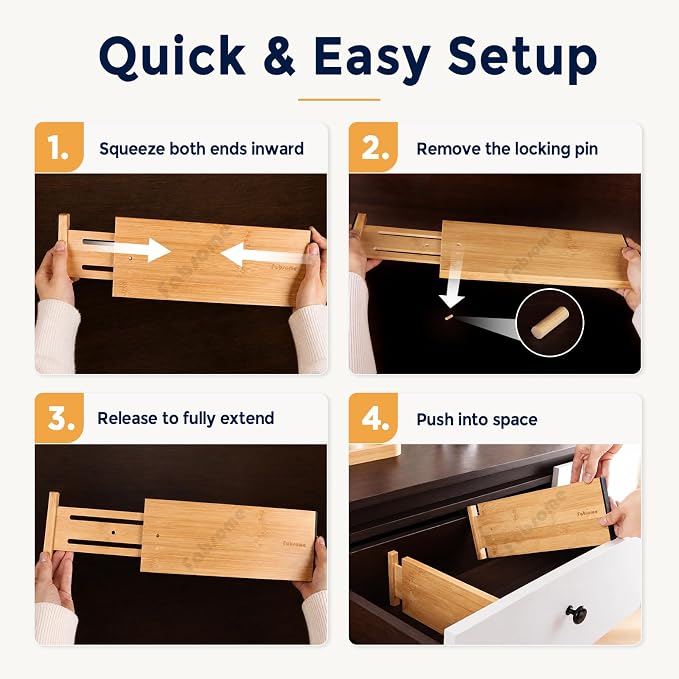 Fabsome Dresser Drawer Organizers 6 Pack, 4.65'' High Adjustable from 17-22‘’ Bamboo Drawer Dividers for Clothing Baby Clothes, Wooden Separators for Dresser Nursery Organization with Soft Foam Ends - Image 6