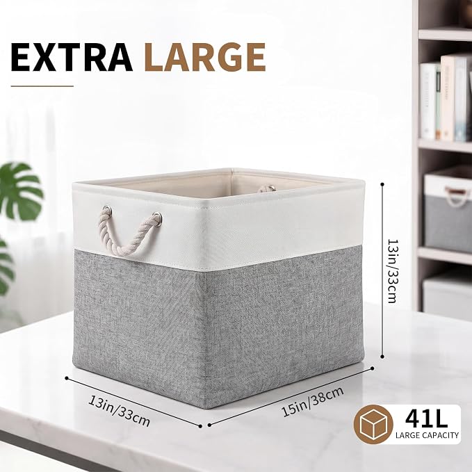 13×15×13 Inch Foldable Fabric Storage Basket with Handles | Large Storage Basket,6 Pack Storage Cubes,Home Organisation Solutions,Closet Storage (White&Gray) - Image 2